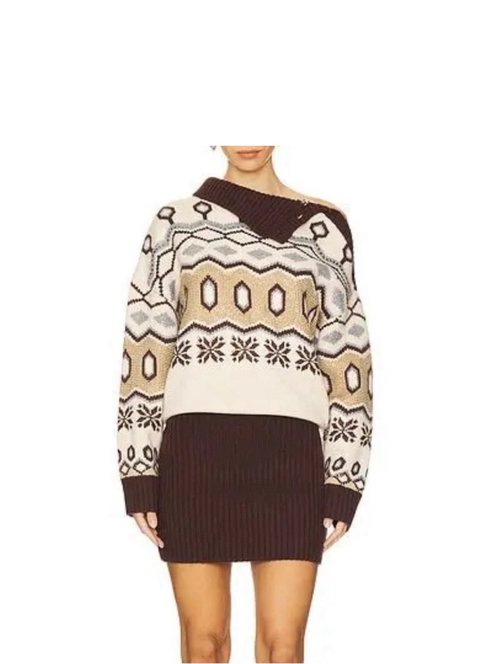 Retrofete Cream, Brown and Gold Knit Asymmetrical Crystal Embellished Mini Dress